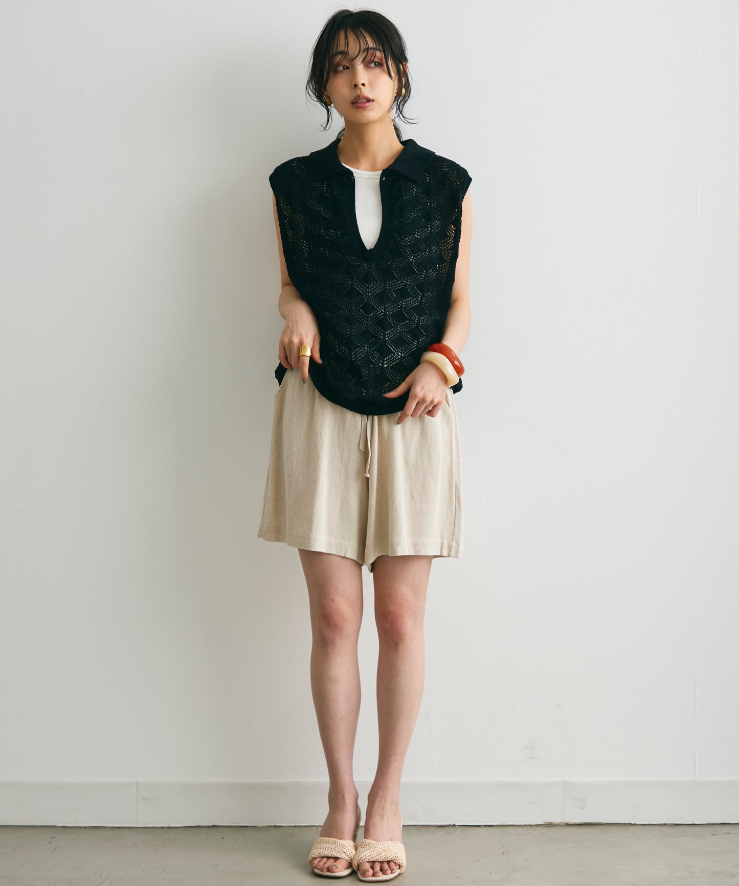 ジャガードポロ衿ノースリニット