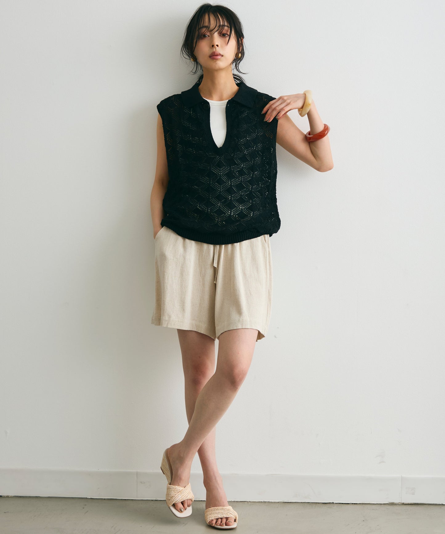 ジャガードポロ衿ノースリニット