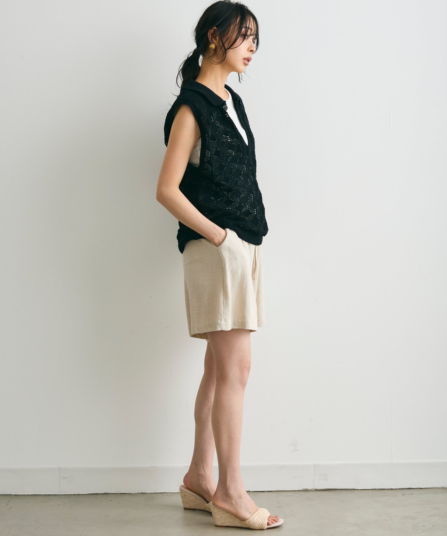 ジャガードポロ衿ノースリニット