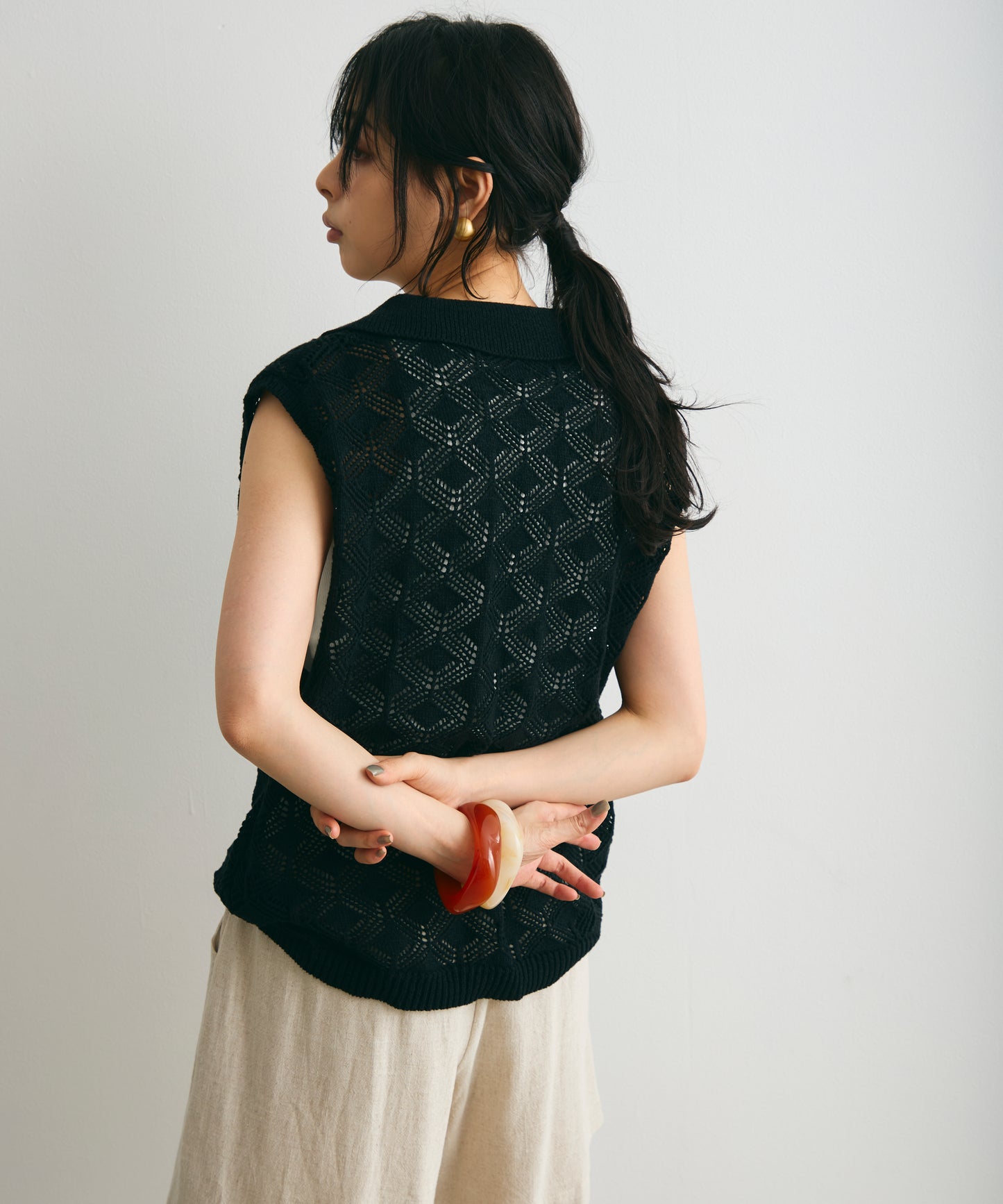 ジャガードポロ衿ノースリニット