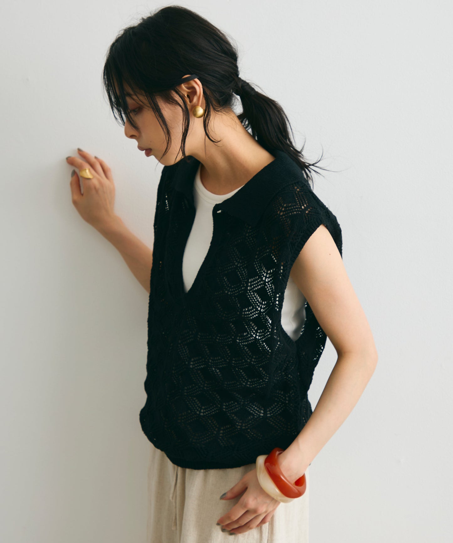 ジャガードポロ衿ノースリニット