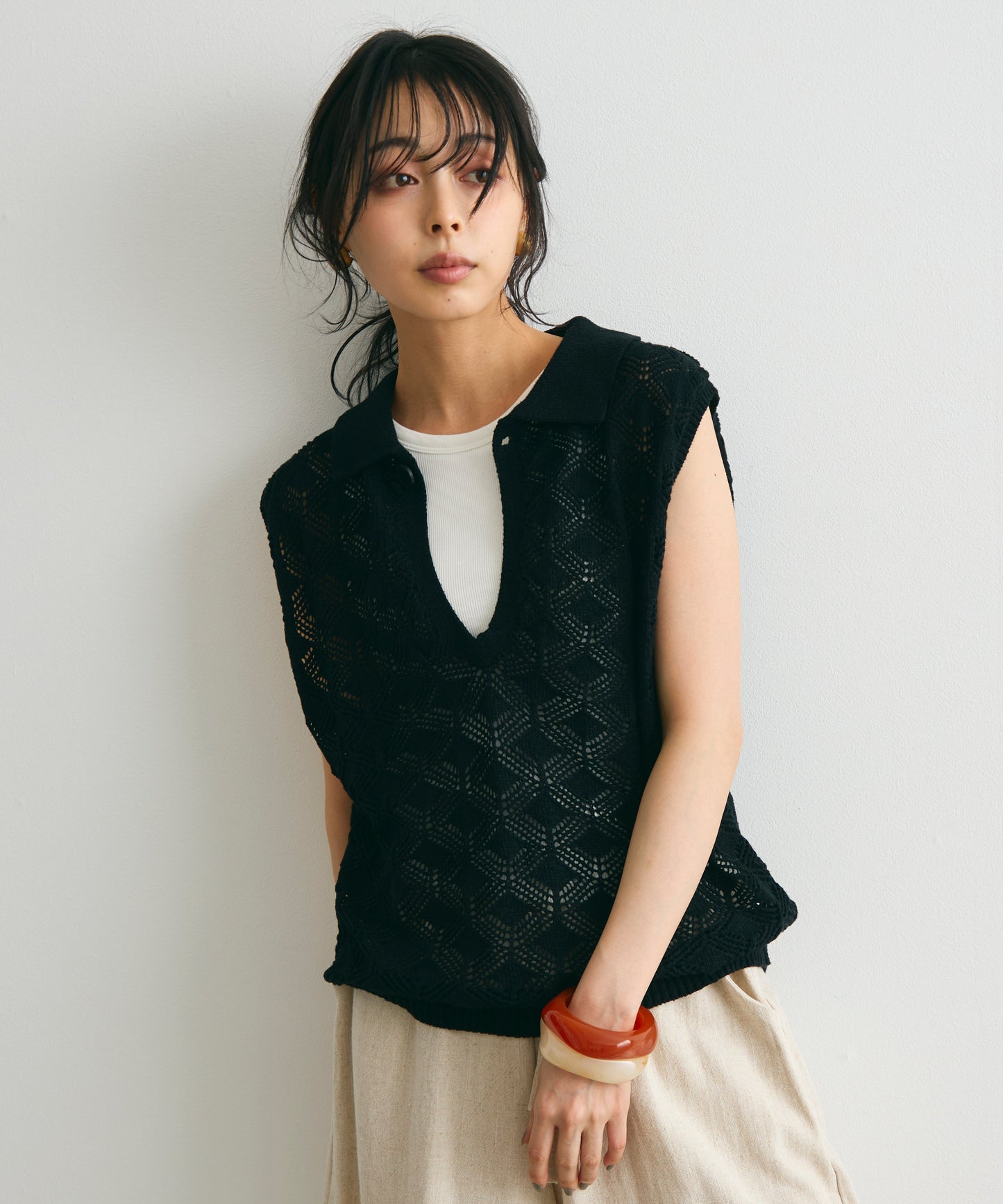 ジャガードポロ衿ノースリニット