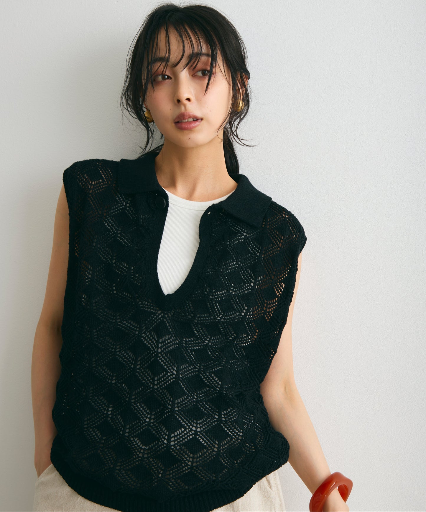 ジャガードポロ衿ノースリニット