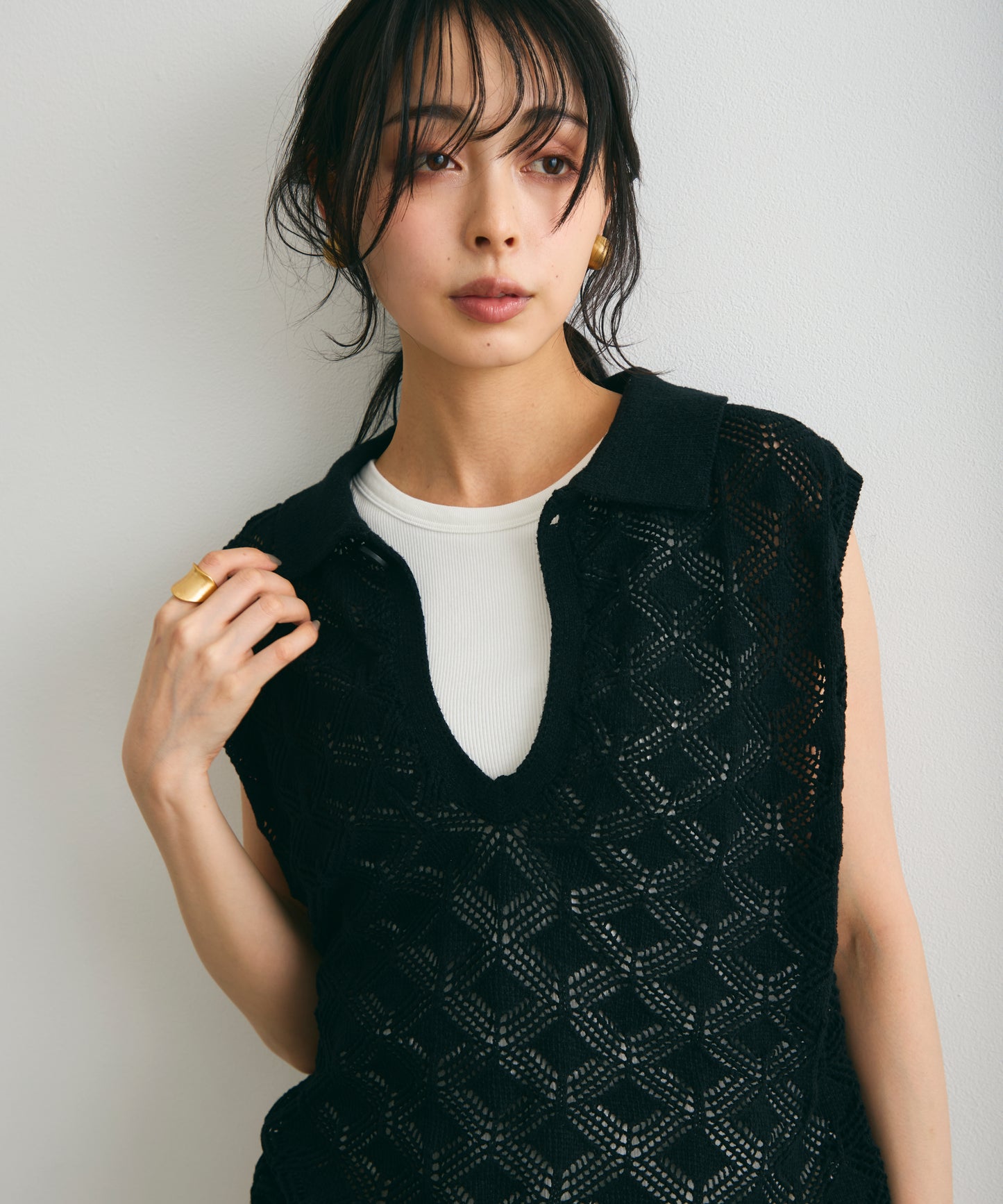 ジャガードポロ衿ノースリニット