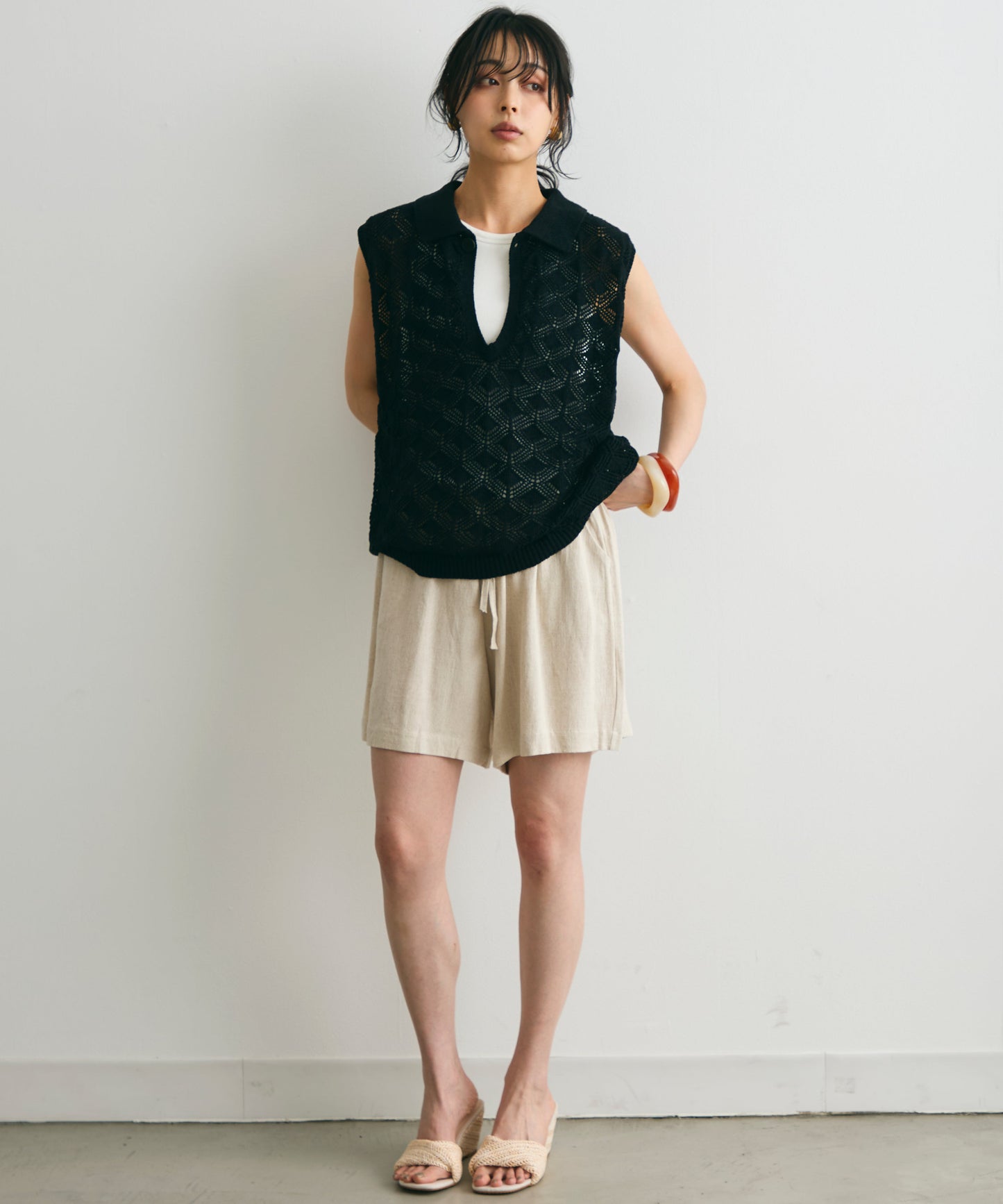 ジャガードポロ衿ノースリニット