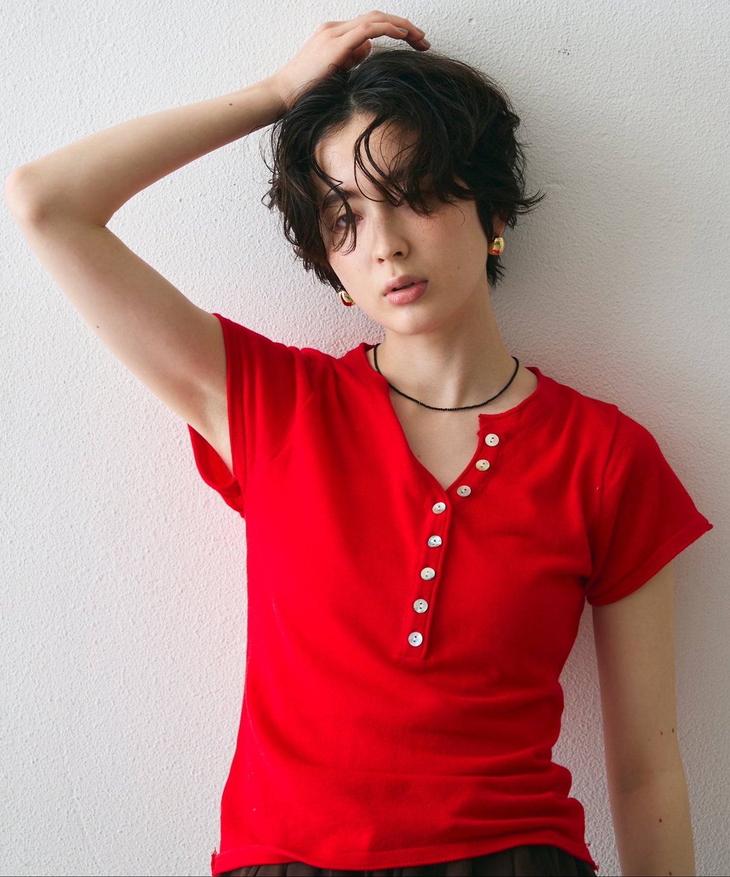 キーネックキャプスリーブニット