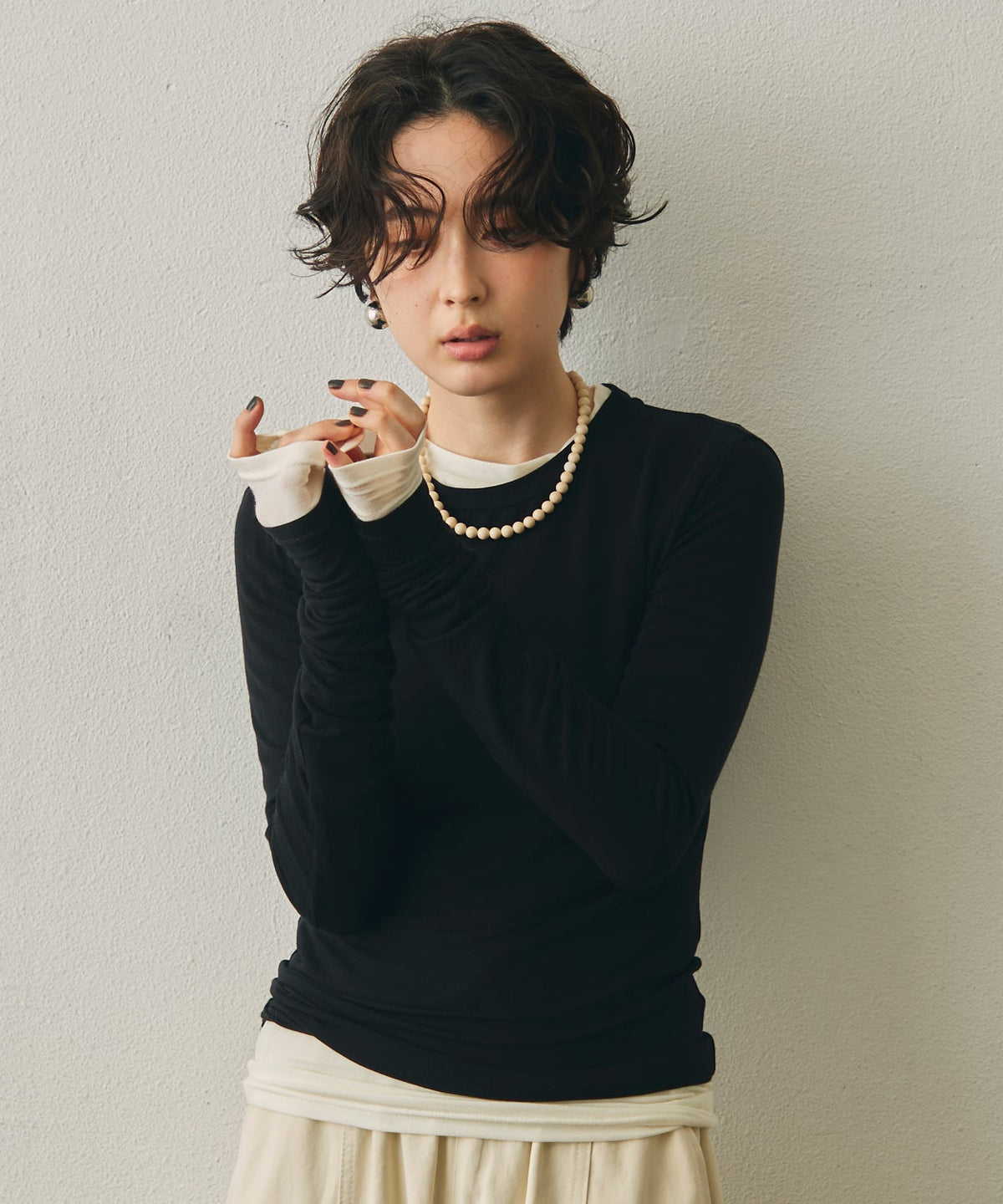 ウール混ラウンドネックロングスリーブTEE