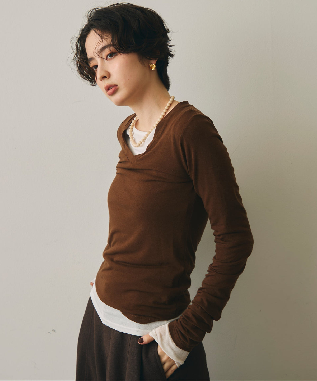 ウール混VネックロングスリーブTEE