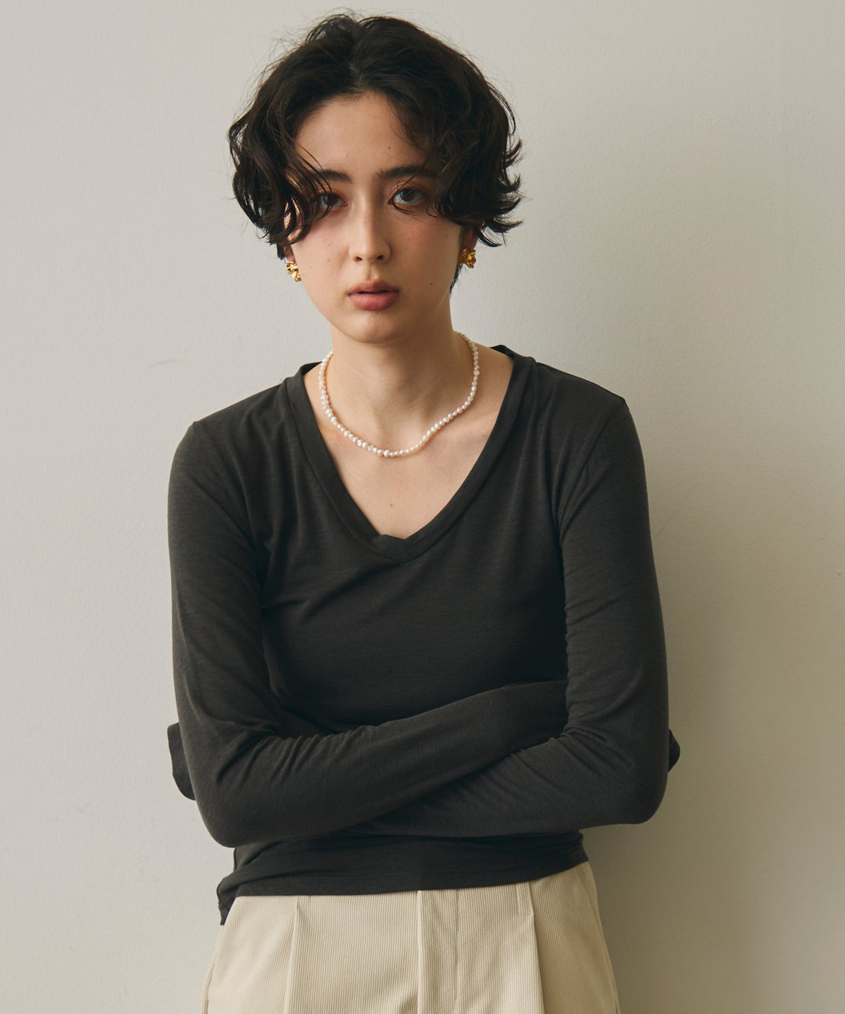 ウール混VネックロングスリーブTEE