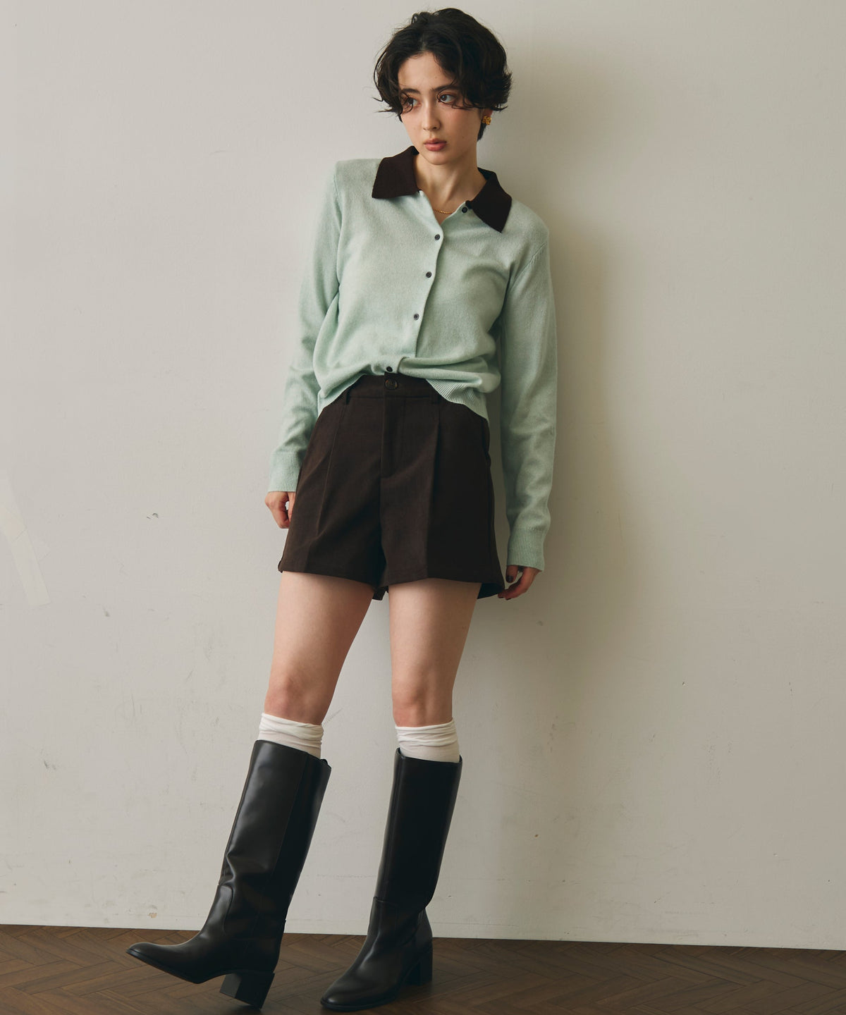 ウール混ポロ衿バイカラーニットプルオーバー