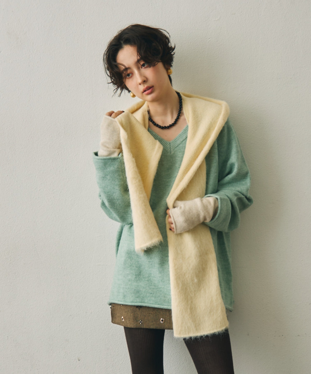 モヘアタッチニットフード付きマフラー