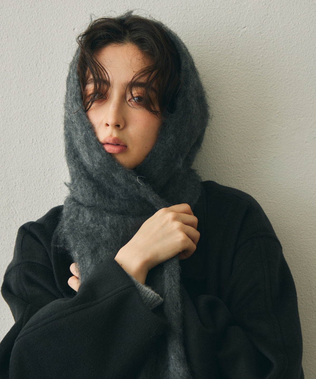モヘアタッチニットフード付きマフラー