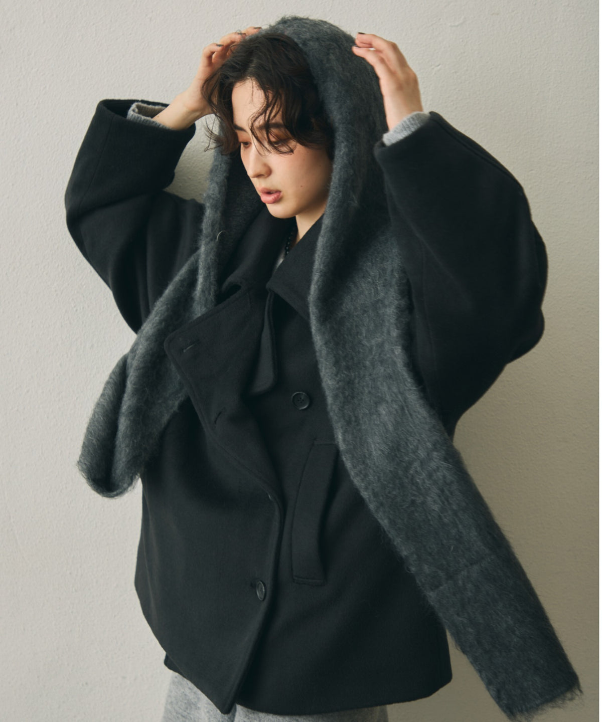 モヘアタッチニットフード付きマフラー