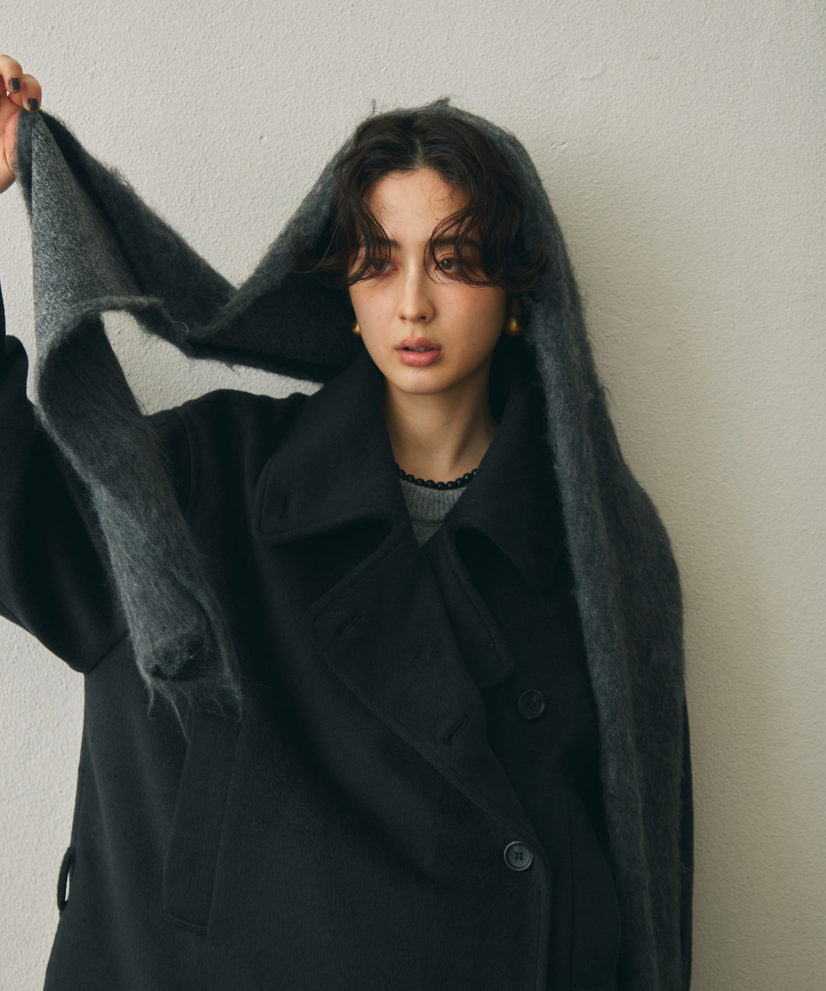 モヘアタッチニットフード付きマフラー