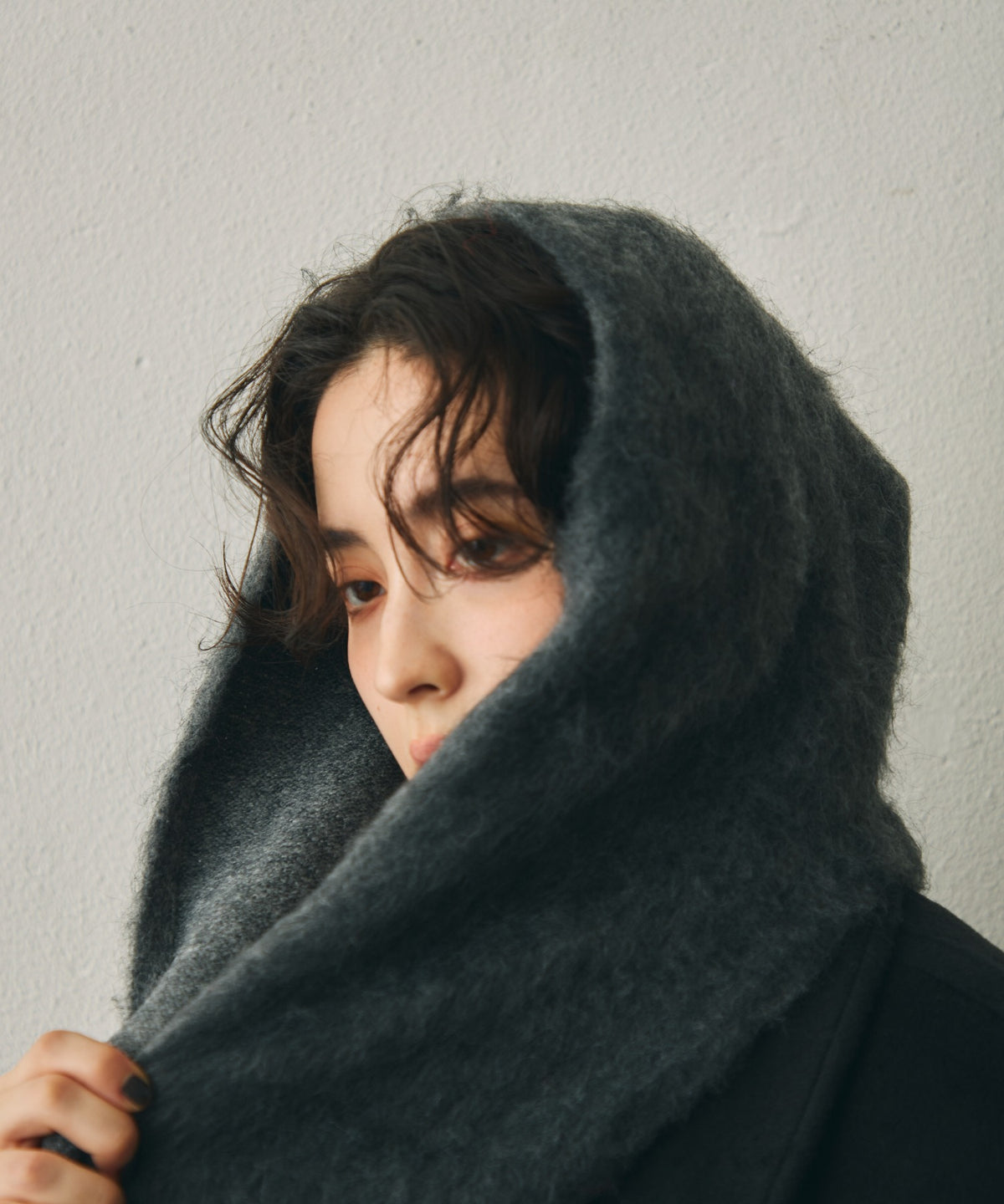 モヘアタッチニットフード付きマフラー
